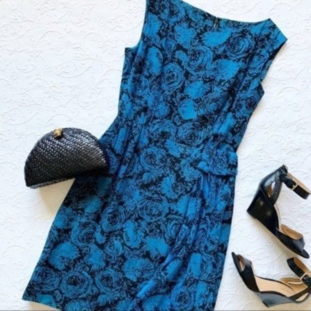 Vintage 1950s Leslie Fay Black & Blue Ranunculus Floral Print Party Dress Medium